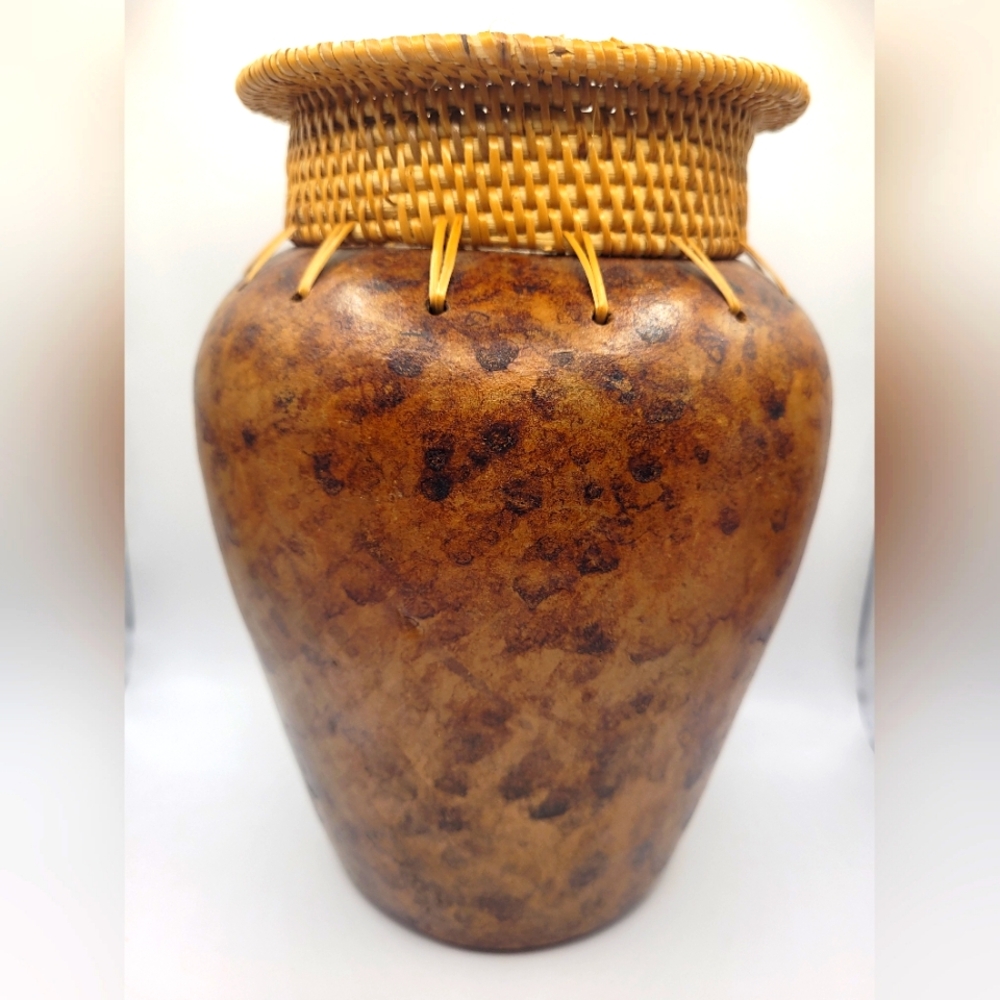 Sharp Tribal Clay Fired Vase with Coiled Grass and Ratan Woven Top